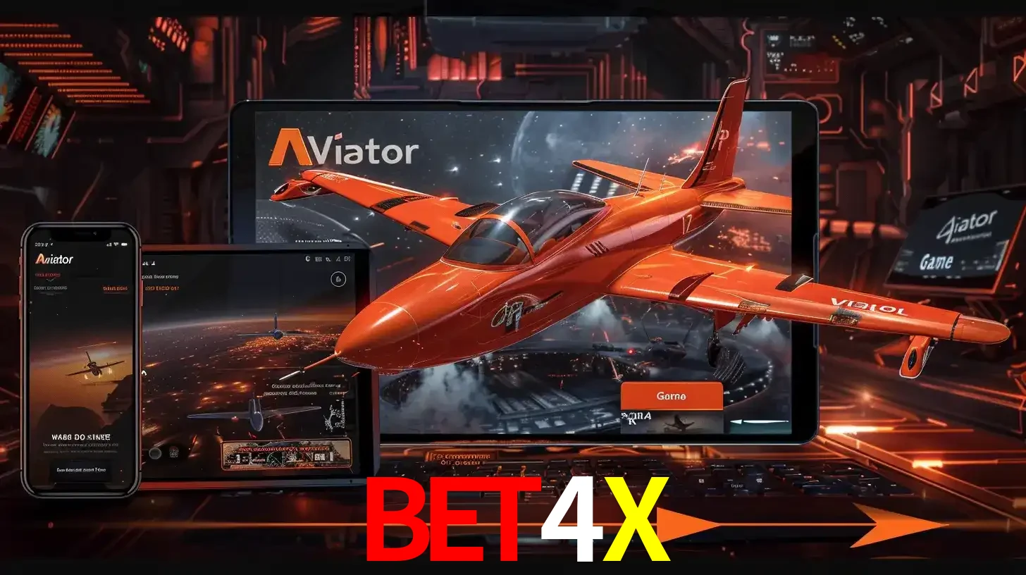 Apresentação tecnológica do jogo Aviator com um avião saindo da tela de um tablet, demonstrando a experiência imersiva em múltiplos dispositivos no BET4X.