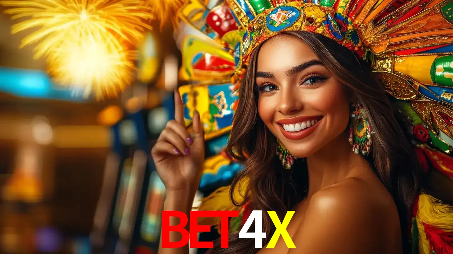 Mulher sorridente com um cocar de carnaval vibrante e colorido, celebrando uma grande vitória nos jogos do cassino BET4X com fogos de artifício ao fundo.