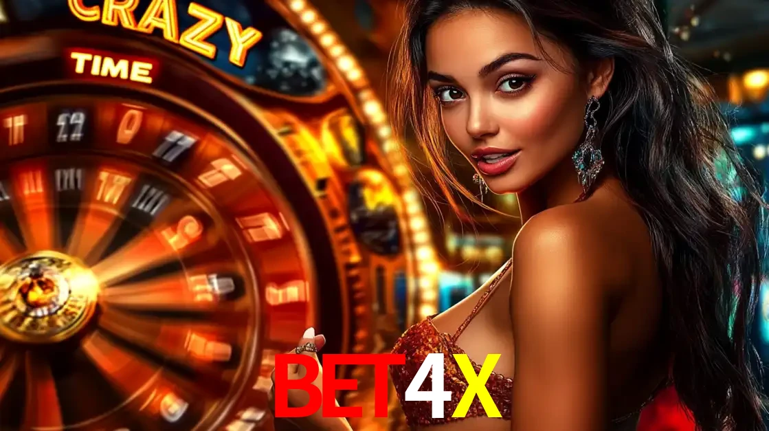 Mulher ao lado da roda de prêmios do jogo de cassino ao vivo Crazy Time, um dos shows de jogos mais emocionantes oferecidos pela plataforma de apostas BET4X.