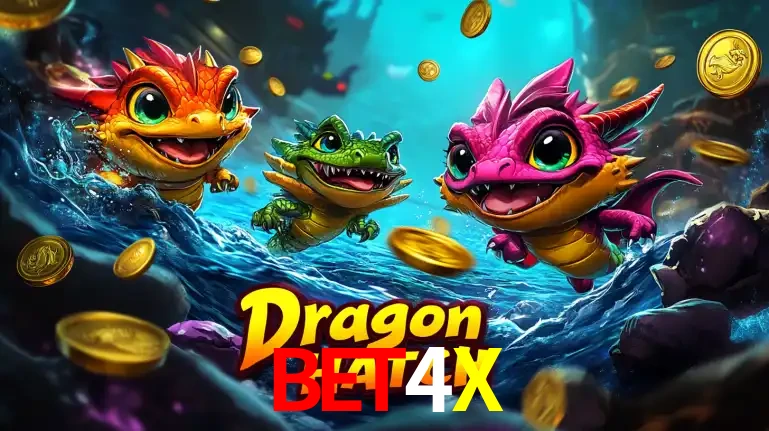 Arte promocional do jogo Dragon Hatch com três adoráveis dragões bebês nadando entre moedas de ouro, um dos slots mais divertidos para jogar no cassino BET4X.