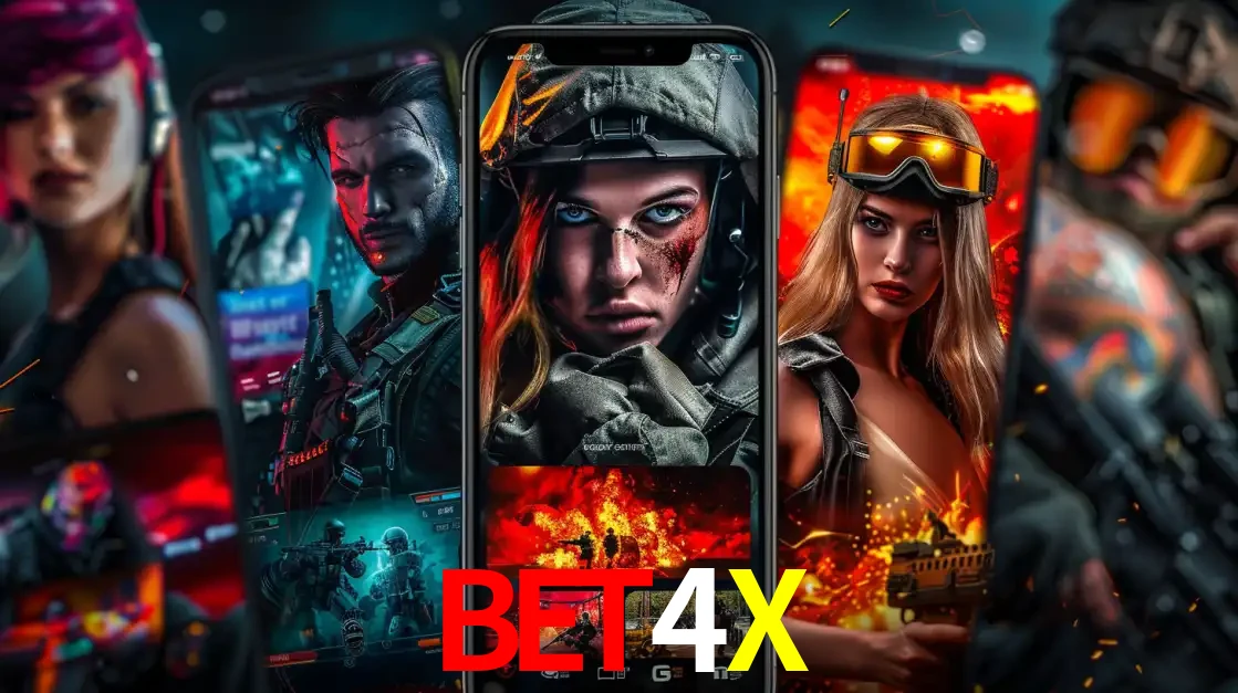 Montagem de telas de celular mostrando diversos personagens, masculinos e femininos, de um jogo de tiro, ilustrando a diversidade de equipes de e-sports para apostar no BET4X.