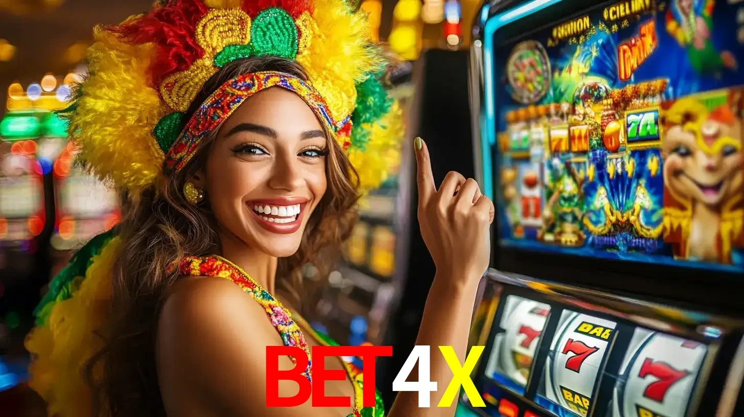 Mulher animada com um cocar de carnaval apontando para uma máquina de caça-níqueis, mostrando a emoção de ganhar um grande prêmio nos jogos do BET4X.