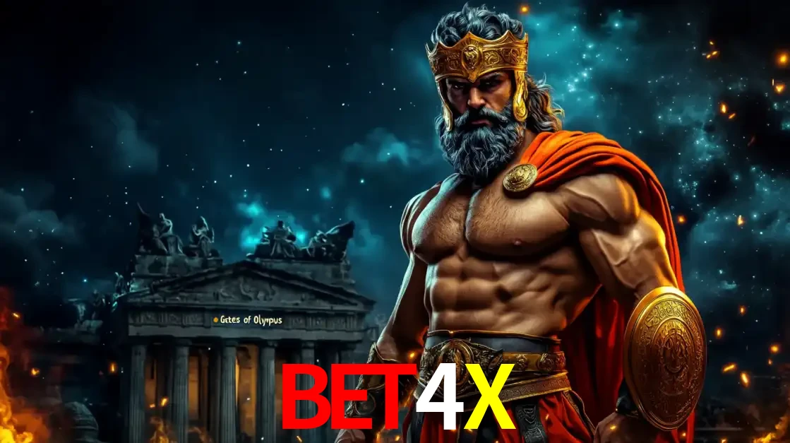 O poderoso Zeus do jogo de slot Gates of Olympus em frente ao seu templo, pronto para lançar multiplicadores divinos e prêmios épicos no cassino online BET4X.