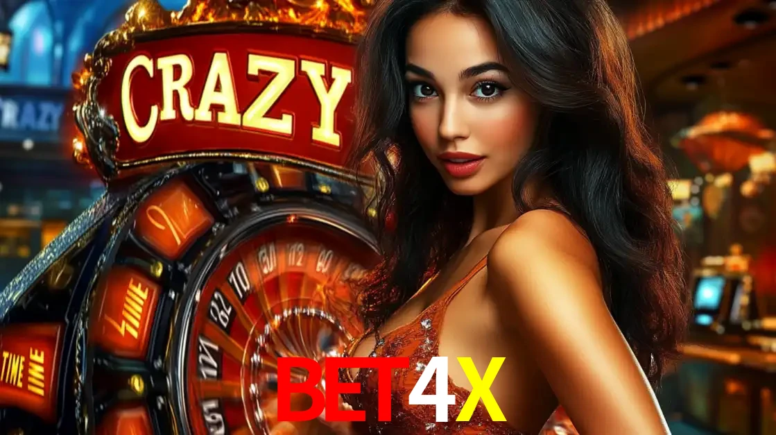 Mulher glamourosa olhando para a câmera com a roda vermelha do Crazy Time ao fundo em um ambiente de cassino, destacando a emoção dos jogos ao vivo no BET4X.