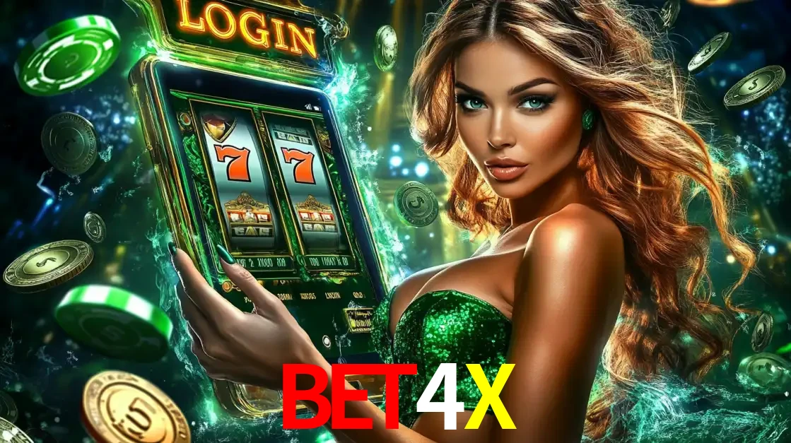Mulher com tema verde apresentando o aplicativo do cassino BET4X com um jogo de slot de 777, cercada por fichas de cassino e uma aura de sorte.