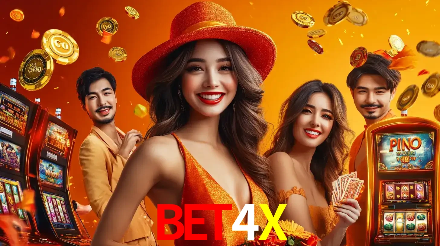 Grupo de amigos asiáticos sorrindo e se divertindo com máquinas de caça-níqueis em um ambiente festivo, celebrando suas vitórias nos jogos de cassino do BET4X.