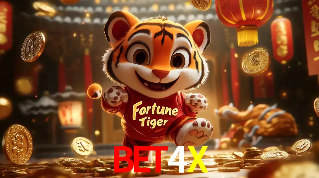 O alegre personagem do Fortune Tiger correndo sobre um caminho de moedas de ouro, simbolizando os grandes prêmios e a diversão do popular jogo de slot do BET4X.