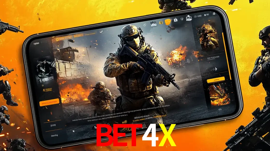Um smartphone exibindo a interface de um jogo de tiro em primeira pessoa, com um soldado em um cenário de batalha, representando a ação dos e-sports para apostar no BET4X.