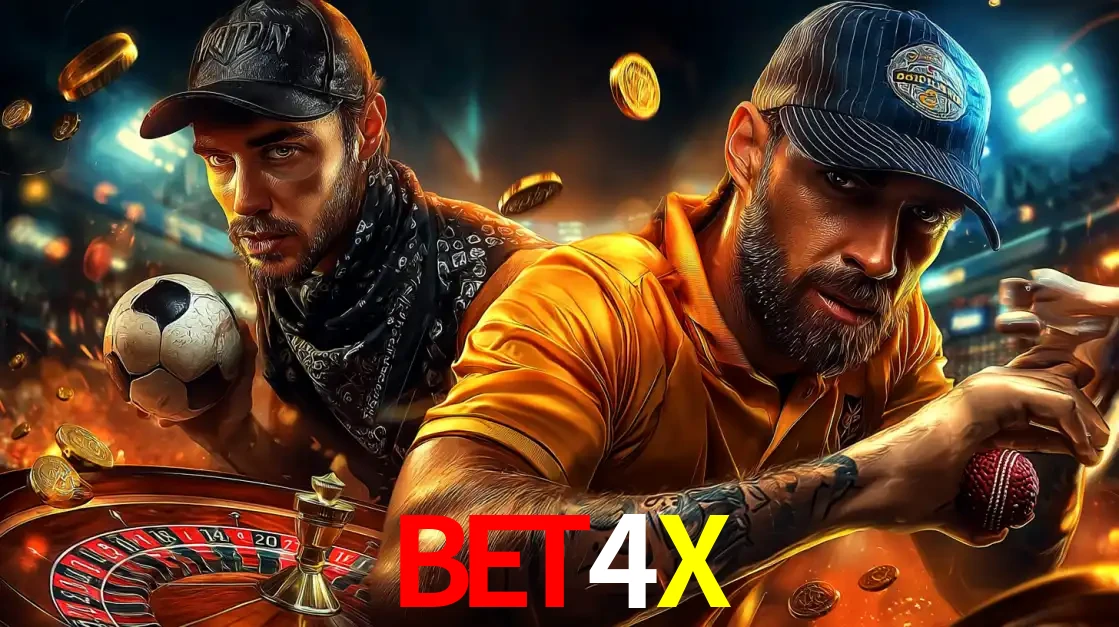 Montagem de apostas esportivas e cassino no BET4X, com um homem segurando uma bola de futebol e outro uma de beisebol sobre uma roleta e moedas voadoras.