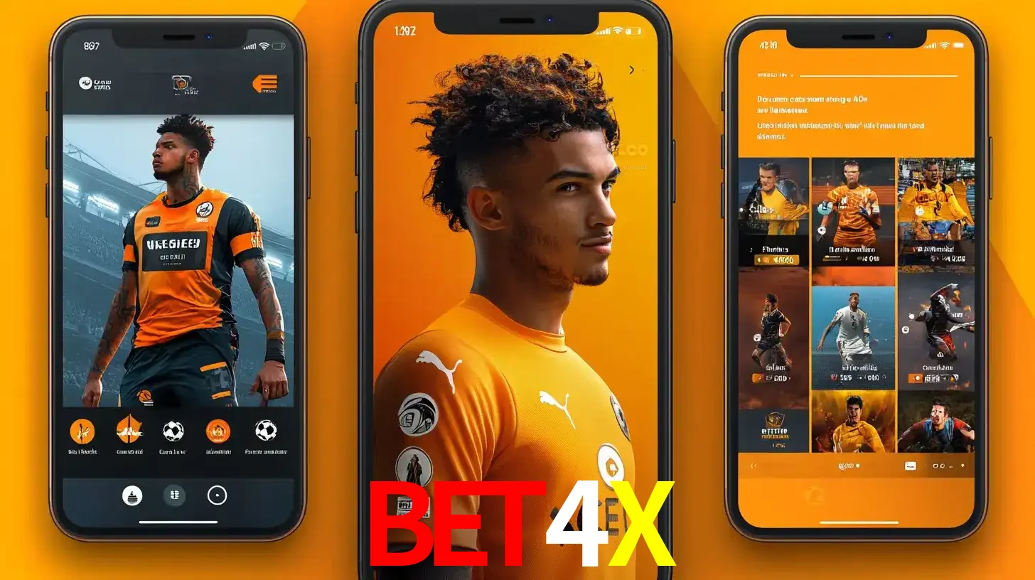 Interface do aplicativo de apostas esportivas BET4X em três telas de celular, mostrando o perfil de um jogador de futebol e a lista de jogos disponíveis para apostar.