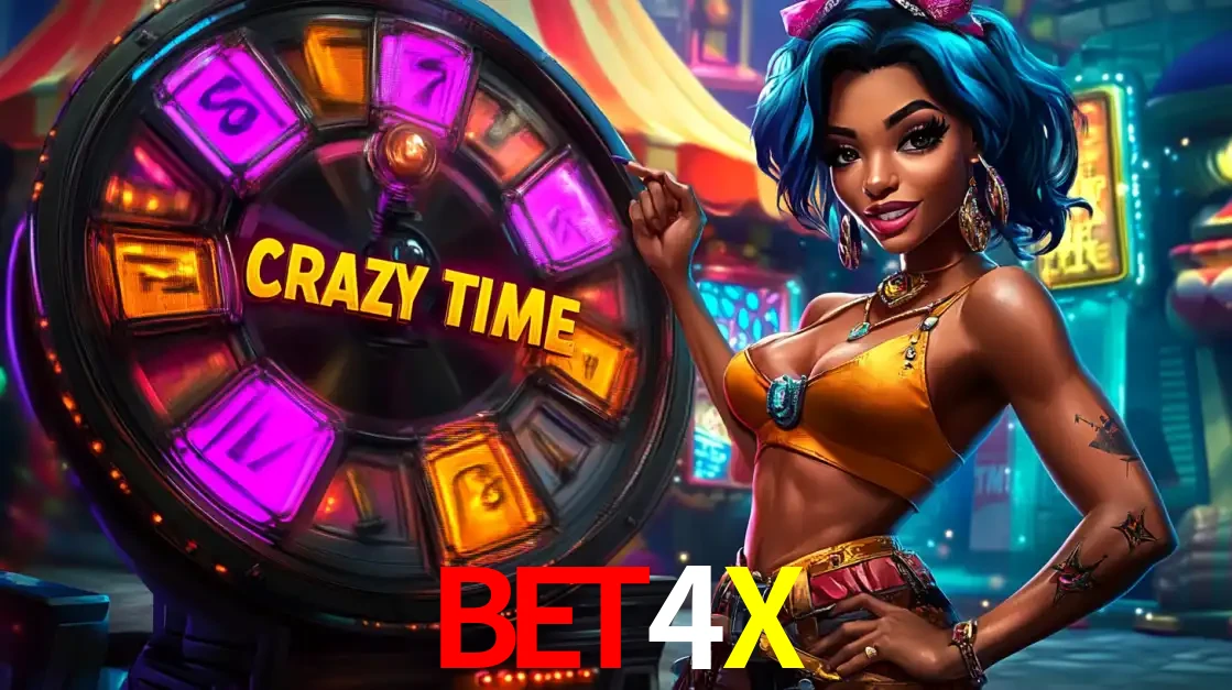 Mulher estilizada com cabelo azul e visual vibrante posando ao lado da roda de prêmios do game show Crazy Time, convidando para a diversão e os bônus do cassino BET4X.