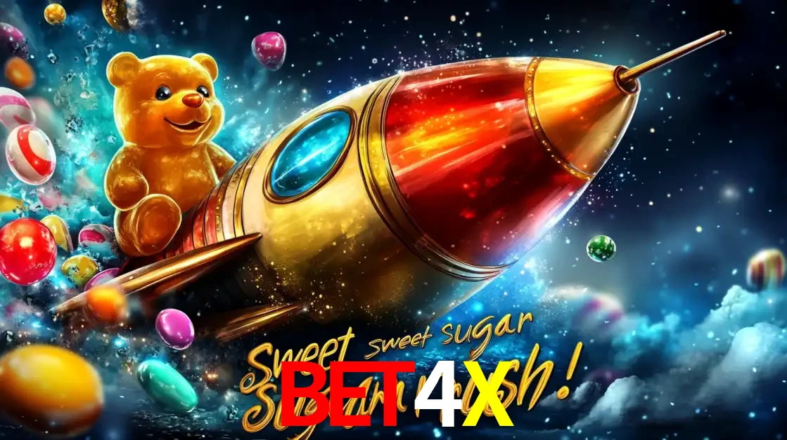 Arte promocional do jogo de slot Sugar Rush, com um urso de pelúcia em um foguete viajando pelo espaço de doces, um dos jogos divertidos disponíveis no cassino BET4X.