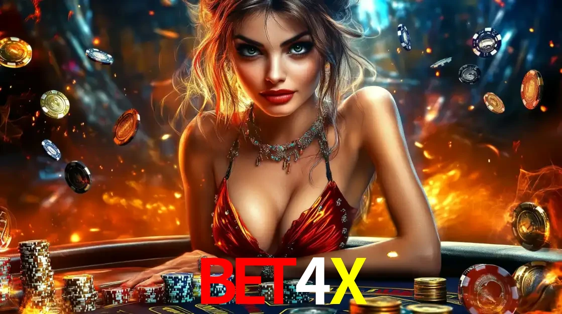 Mulher em uma mesa de cassino com pilhas de fichas e um fundo de fogo, pronta para uma rodada de altas apostas nos jogos de mesa emocionantes do cassino BET4X.