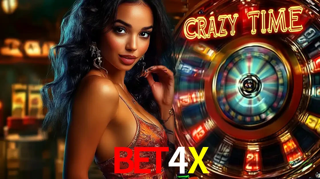 Mulher elegante ao lado da vibrante roda da fortuna do jogo de cassino ao vivo Crazy Time, um dos game shows mais populares e cheios de prêmios do BET4X.