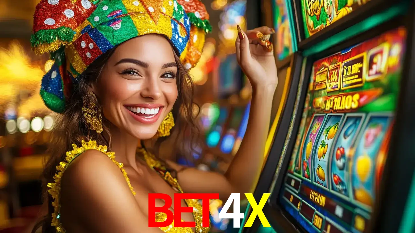 Mulher feliz com traje de carnaval amarelo e colorido ao lado de uma máquina de caça-níqueis, aproveitando a diversão e os jogos temáticos do cassino BET4X.