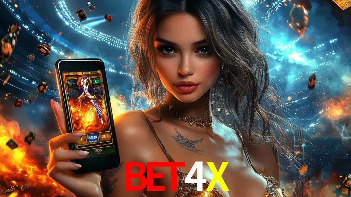 Mulher segurando um celular com um jogo de slot em destaque, tendo como fundo um estádio vibrante, simbolizando a emoção de jogar no cassino móvel BET4X.
