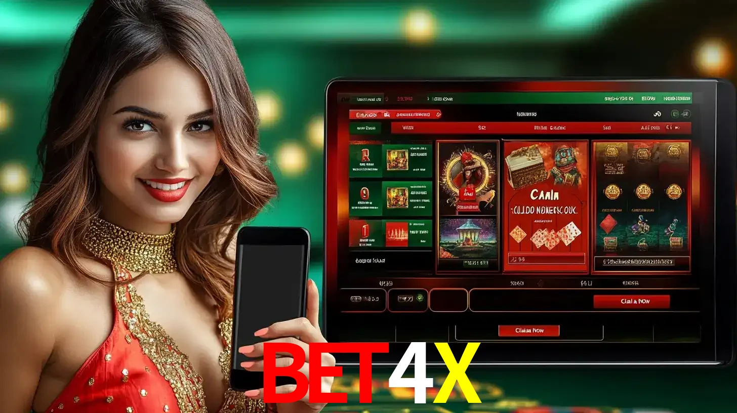 Mulher sorridente segurando um smartphone, ao lado de uma tela exibindo o lobby de jogos do cassino online BET4X, com várias opções de jogos de cartas e slots.
